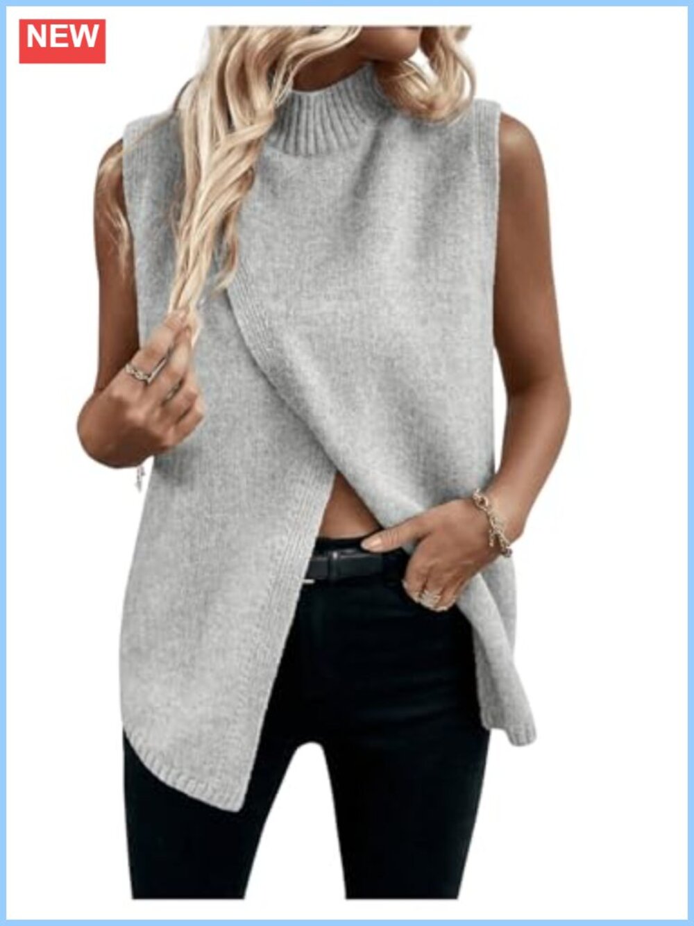Womens Sweater Vest Mock Neck Sleeveless Knit Asymmetrical Hem Office